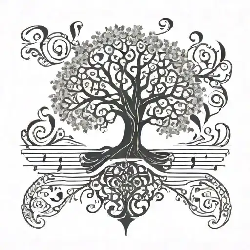 A gothic tree of life tattoo with musical notes as the leaves tattoo design idea