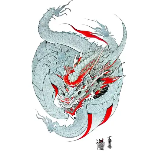 Dragon, abstract lines, red and black tattoo design idea