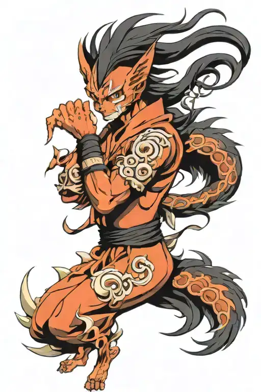 a sennin modo kurama with nine tails protruding tattoo design idea