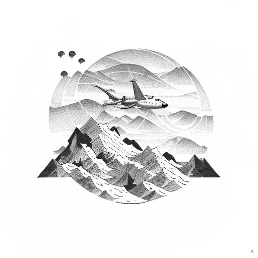 An airplane flying over a mountain range with a wine glass in the sky tattoo design idea
