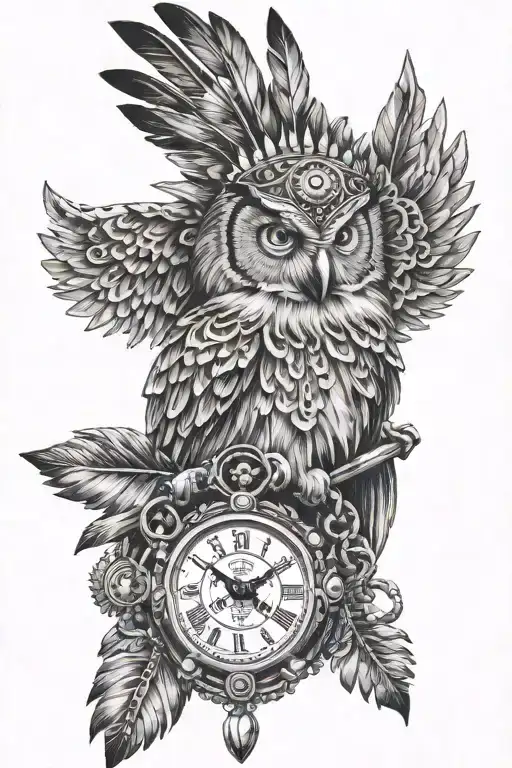 Owl and Indian Chief and Clock and Chains tattoo design idea