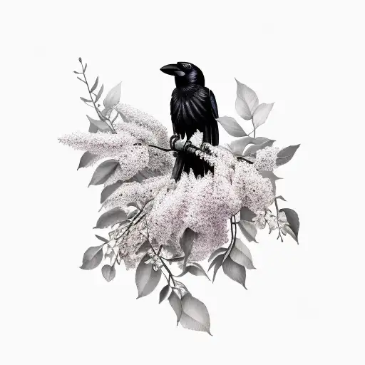 crow with lilacs tattoo design idea