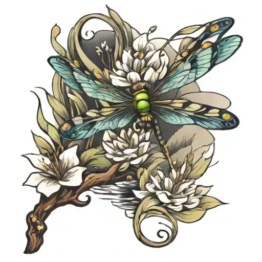 dragonfly over a creek running tattoo design idea