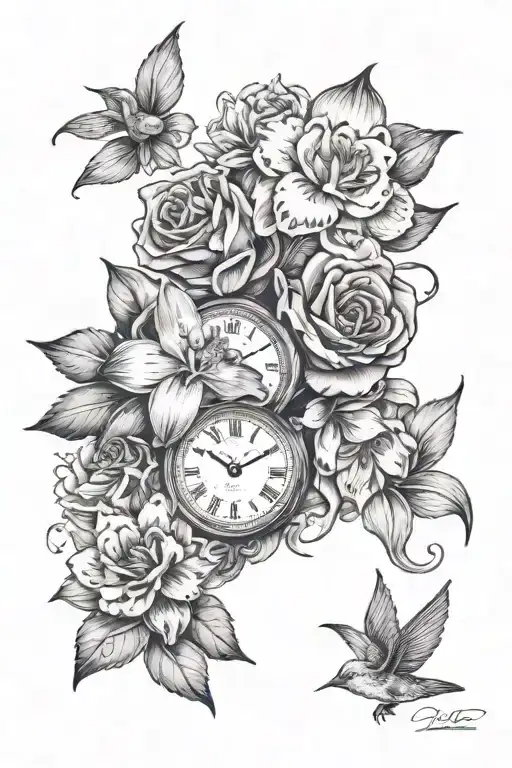 Roses, Clock Eye Dove orchid and lotus flower tattoo design idea