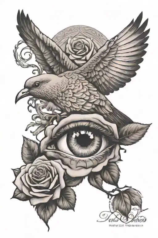 Rose Dove Eye + Greek tattoo design idea