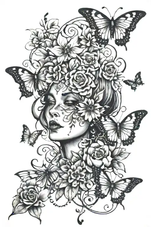 time heals what lessons cannot, broken face, butterflys and flowers tattoo design idea