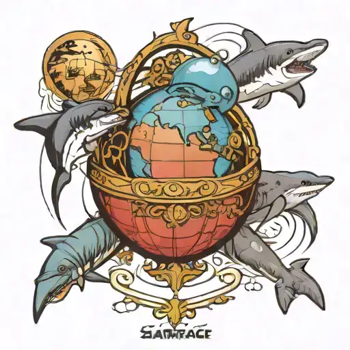 scarface the world is yours globe, with a dolphin and a shark surrounding the globe tattoo design idea