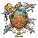 scarface the world is yours globe, with a dolphin and a shark surrounding the globe tattoo design idea