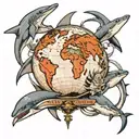 scarface the world is yours globe, with a dolphin and a shark surrounding the globe tattoo design idea