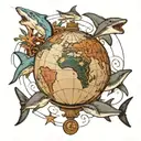 scarface the world is yours globe, with a dolphin and a shark surrounding the globe tattoo design idea