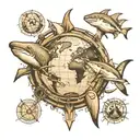 scarface the world is yours globe, with a dolphin and a shark surrounding the globe tattoo design idea