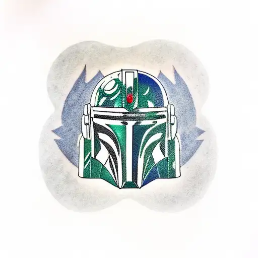 mandalorian helmet adorned with nature scenery tattoo design idea