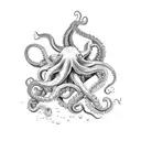 A majestic octopus wrapping its tentacles around a shipwreck, symbolizing the client's love for scuba diving and underwater exploration tattoo design idea