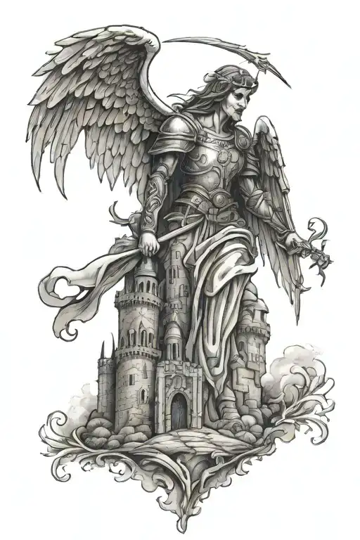medieval angel castle death  tattoo design idea