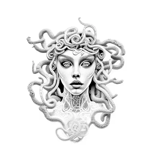 A modern interpretation of Medusa with intricate lace details, surrounded by black roses tattoo design idea