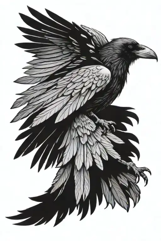 raven perched on wings out and abdomen tattoo design idea