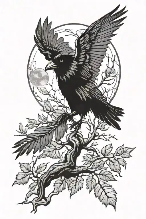 raven perched on branch wings out and abdomen moon background  tattoo design idea