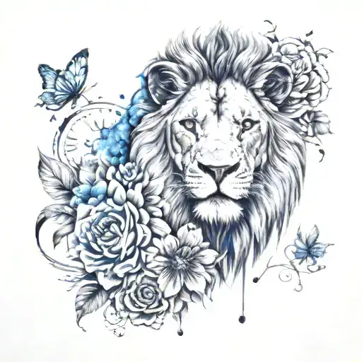 lion with blue eyes with date and time surrounded with Japanese style flowers  tattoo design idea