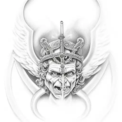 archanagel micheal slaying satan with other catholic saints surrounding  tattoo design idea