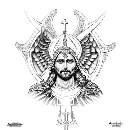archanagel micheal slaying satan with other catholic saints surrounding  tattoo design idea