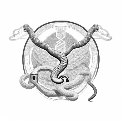 Physician symbol (caduceus) with a snake transformed into a flexing muscular arm tattoo design idea