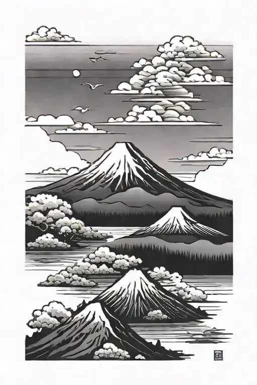 mount fuji background sunset tattoo design idea