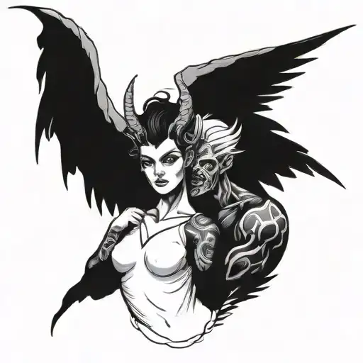 a male demon with two horns holding an female angel  tattoo design idea