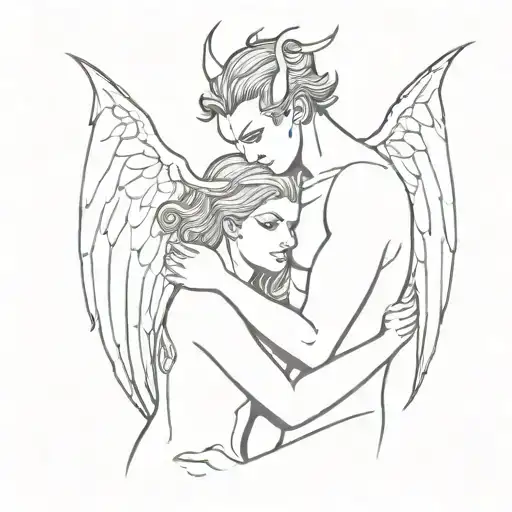 a male demon with two horns hugging an female angel from behind tattoo design idea