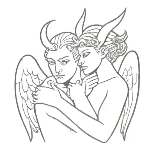 a demon with two horns hugging an angel from behind tattoo design idea
