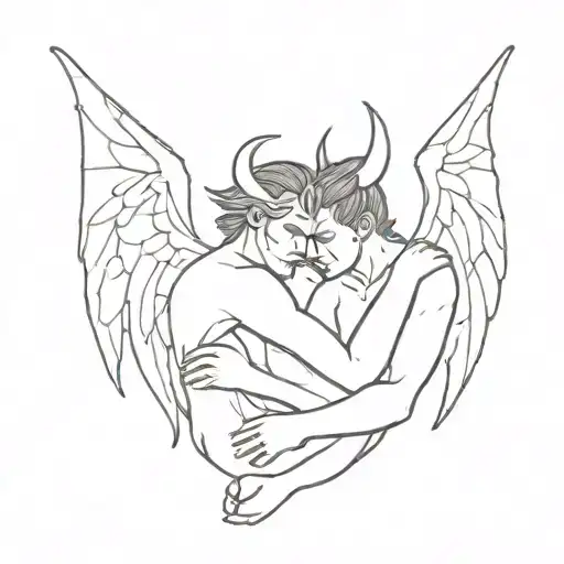 a male demon with two horns hugging an female angel from behind tattoo design idea
