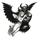 a male demon with two horns holding an female angel  tattoo design idea