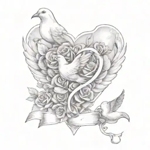 heart  dove and rose with name banner tattoo design idea
