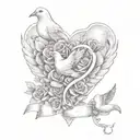 heart  dove and rose with name banner tattoo design idea