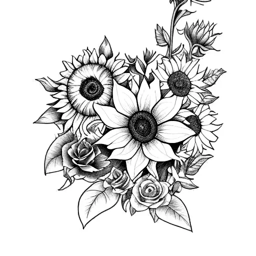 Sunflower, violet, carnation, morning glory and marigold tattoo design idea