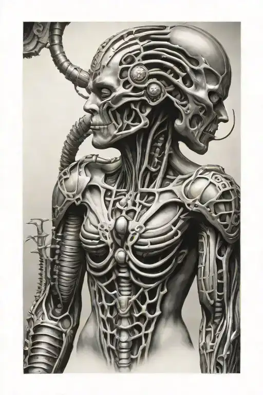 h. r. giger biomechanical sleeve tattoo design idea