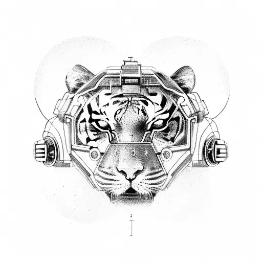 A tiger wearing a cybernetic mask and surrounded by futuristic technology tattoo design idea