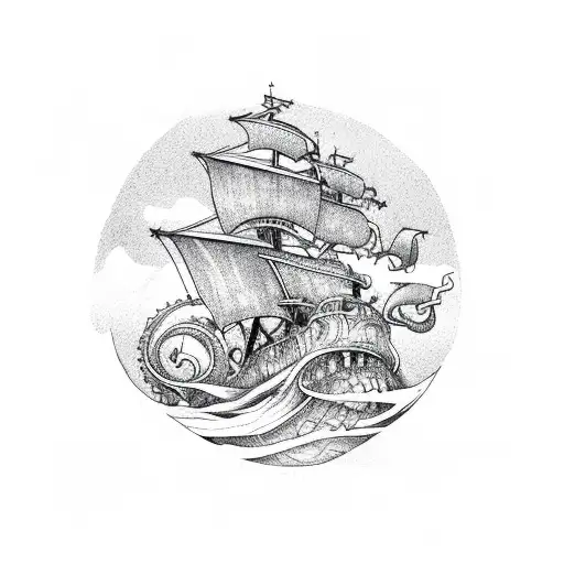kraken taking down ship in color ocean  tattoo design idea