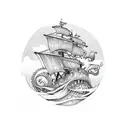 kraken taking down ship in color ocean  tattoo design idea
