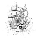 kraken taking down ship in color ocean  tattoo design idea