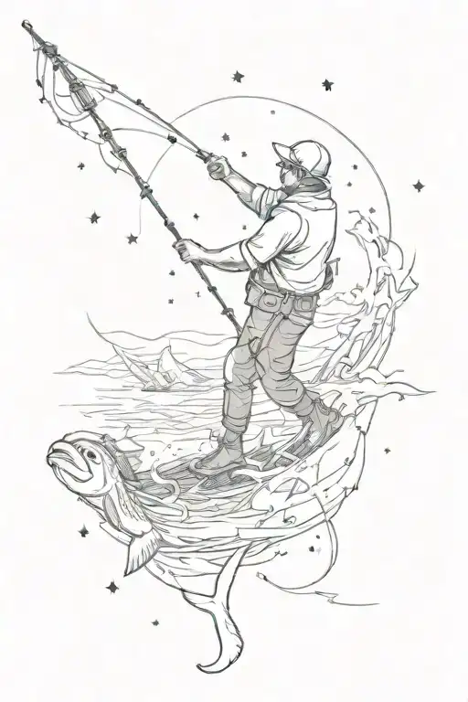 A bio mechanical fisherman casting a line into a star-filled ocean tattoo design idea