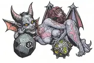 A Succubus fiddling with a faintly glowing d20 as she lays on her side tattoo design idea
