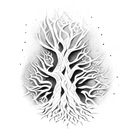 tree with roots that have birthday and death day tattoo design idea