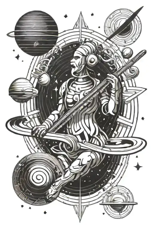 pan playing flute to planet saturn planet tattoo design idea