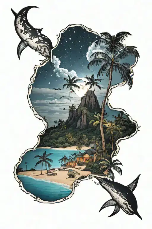 the island of guam with a night scene inside with a waxing cresent moon tattoo design idea