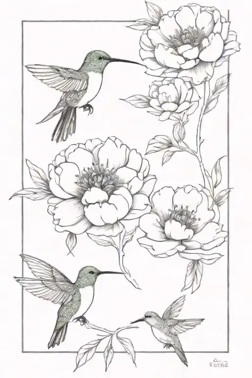 peonies, hummingbirds, family, love  tattoo design idea