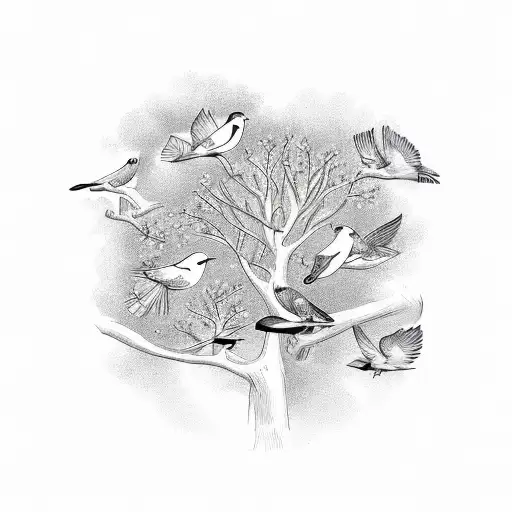 5 different birds for each family member in a tree  tattoo design idea