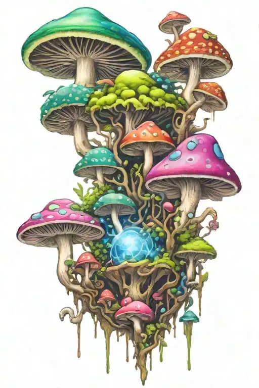 mystical aliens and magic mushrooms tattoo design idea