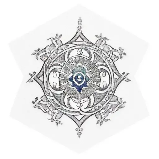 A traditional style tattoo featuring a cross with intricate patterns inspired by Lebanese art, with Leo, Allen, and Mason's names intertwined within the design tattoo design idea