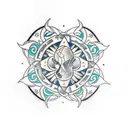 A traditional style tattoo featuring a cross with intricate patterns inspired by Lebanese art, with Leo, Allen, and Mason's names intertwined within the design tattoo design idea