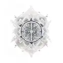 A traditional style tattoo featuring a cross with intricate patterns inspired by Lebanese art, with Leo, Allen, and Mason's names intertwined within the design tattoo design idea